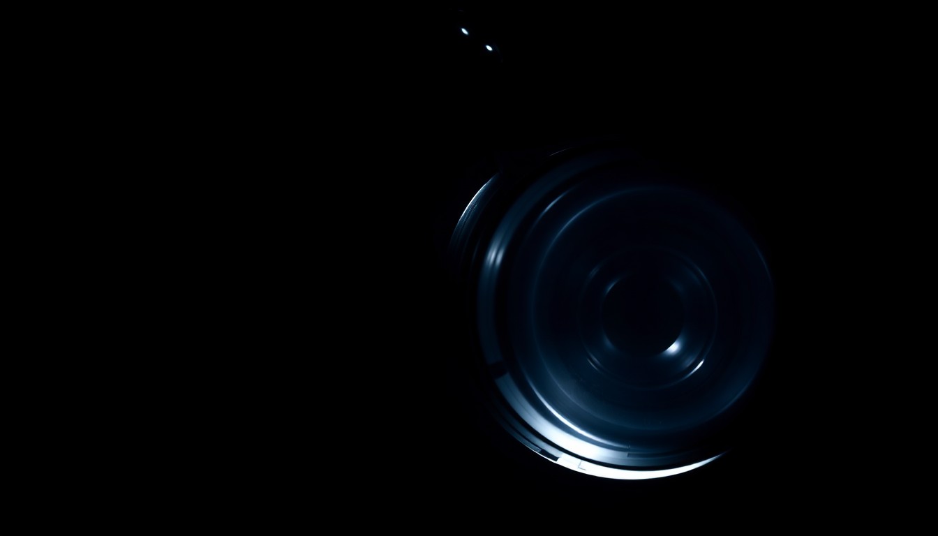 An extreme close-up photograph of a set of handcuffs or a security camera lens, lit by a harsh, direct camera flash against a pitch-black background, creating a stark, gritty, investigative aesthetic.