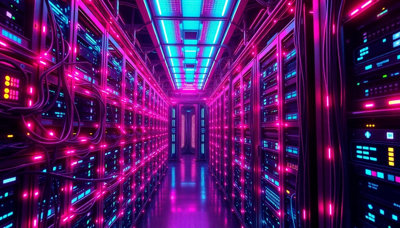 A highly detailed, glowing 3D illustration of a complex, futuristic data center or server farm, with neon cyan and magenta lights illuminating the intricate network of cables, servers, and cooling systems, conceptually representing the immense power and scale of the digital infrastructure that underpins the rise of the tech oligarchy.