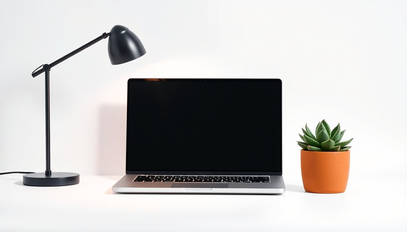 A minimalist, high-finish studio still life photograph featuring a sleek laptop computer, a modern desk lamp, and a potted succulent plant, symbolizing the abstract concepts of entrepreneurship, technology, and innovation.