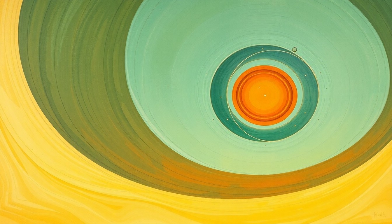 A highly structured abstract painting in soft, earthy tones of green, blue, and orange, featuring sweeping geometric arcs, concentric planetary circles, and precise botanical spirals, conceptually representing the complex forces and structures of the heliosphere.