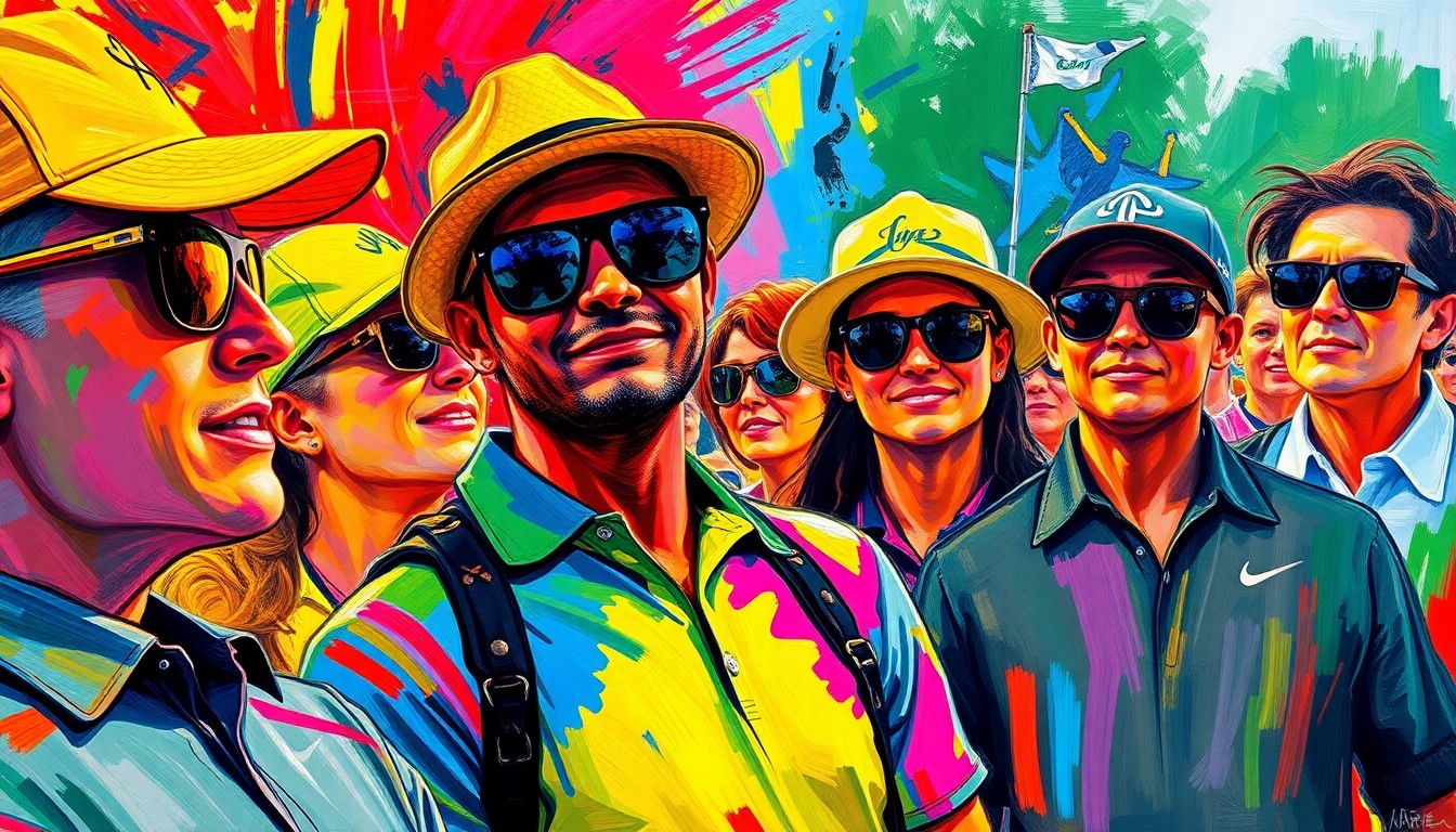 An abstract, expressionist painting in neon colors depicting the energy and fashion of the Masters Tournament, with overlapping brushstrokes and shapes that suggest the vibrant style and accessories of the attendees.