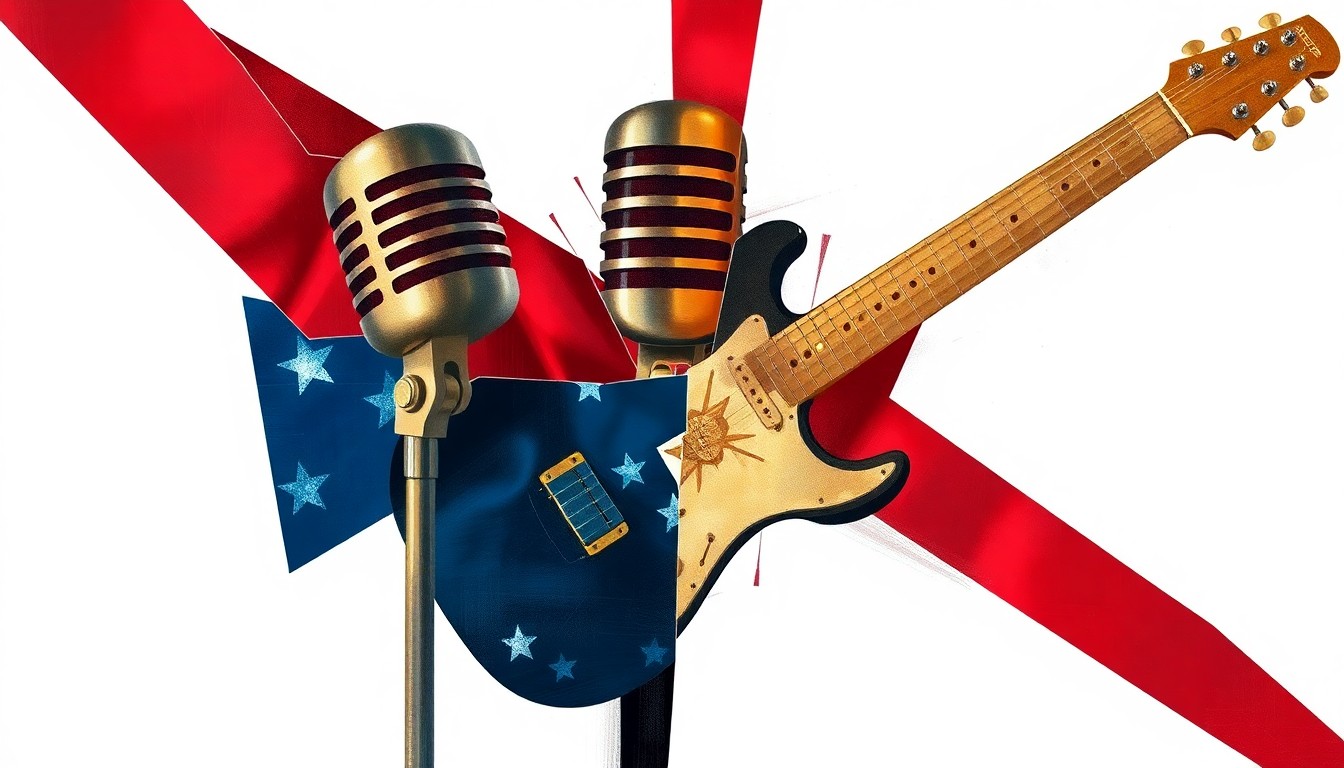A dynamic, abstract painting featuring a fractured, overlapping image of a microphone and guitar in bold, geometric shapes and colors, conveying the conceptual clash between politics and music.