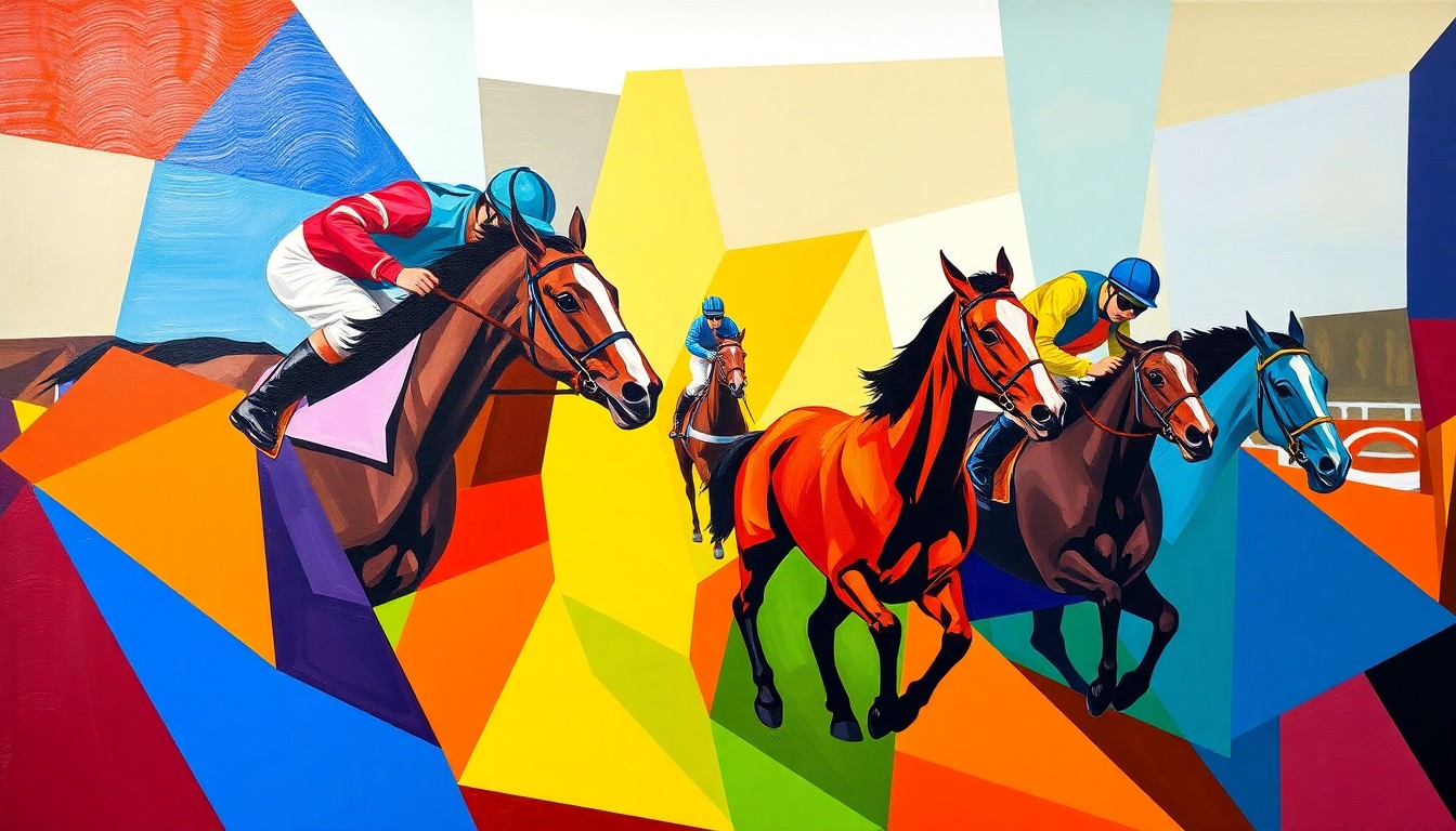 A cubist, geometric painting depicting the chaotic motion of horses racing through sharp, overlapping planes of color, representing the complex balance between spectacle and safety in the Grand National steeplechase.