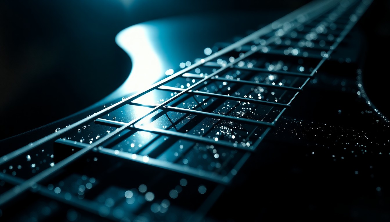 An abstract close-up photograph of shimmering, glittering guitar strings, bathed in dramatic, high-contrast studio lighting to create a luxurious, high-fashion aesthetic.
