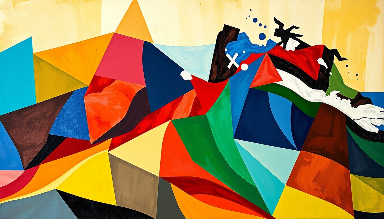 An abstract, fragmented painting in bold, overlapping strokes of blue, green, and red, conceptually representing the intense emotions and divided perspectives surrounding the Israel-Palestine conflict among young Americans.