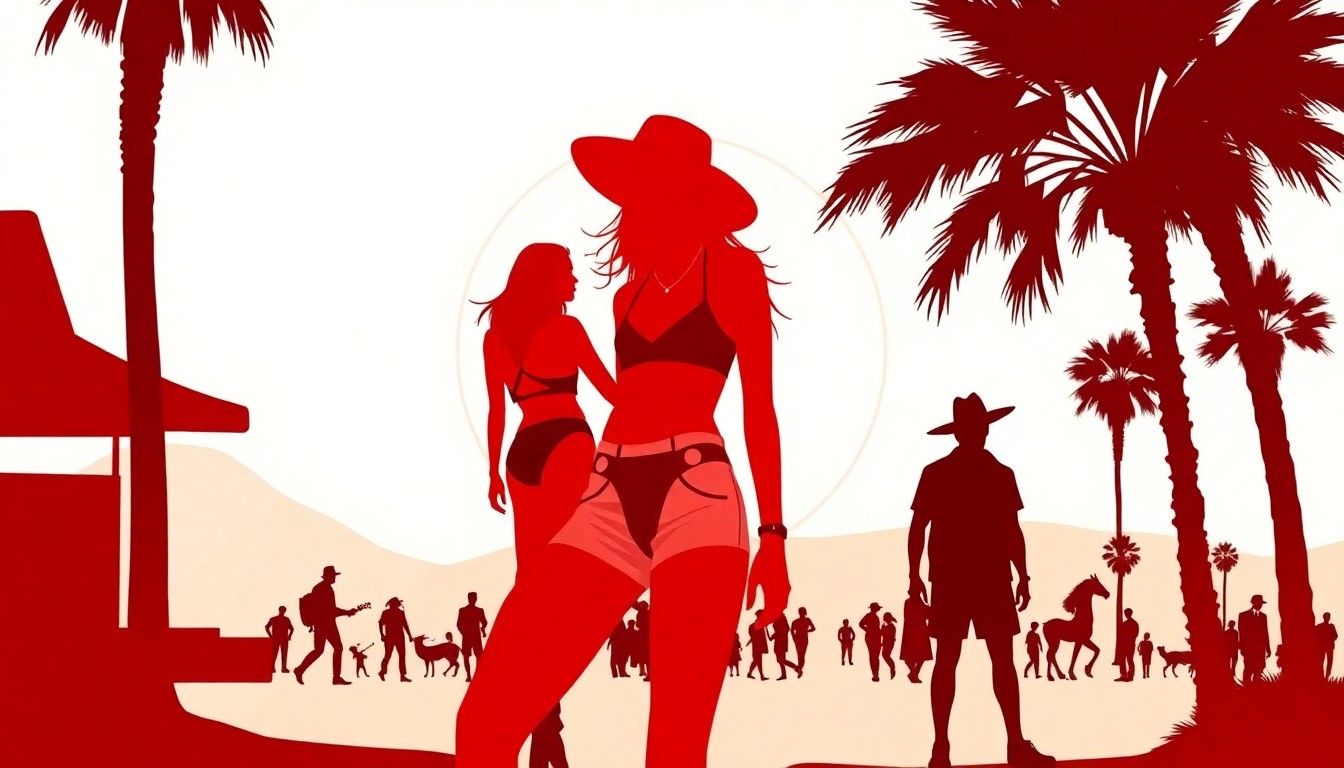 A bold, abstract illustration featuring stark, jagged geometric shapes in shades of red, white, and black, conceptually representing the retro-inspired, desert-boho fashion trends of Coachella 2026.