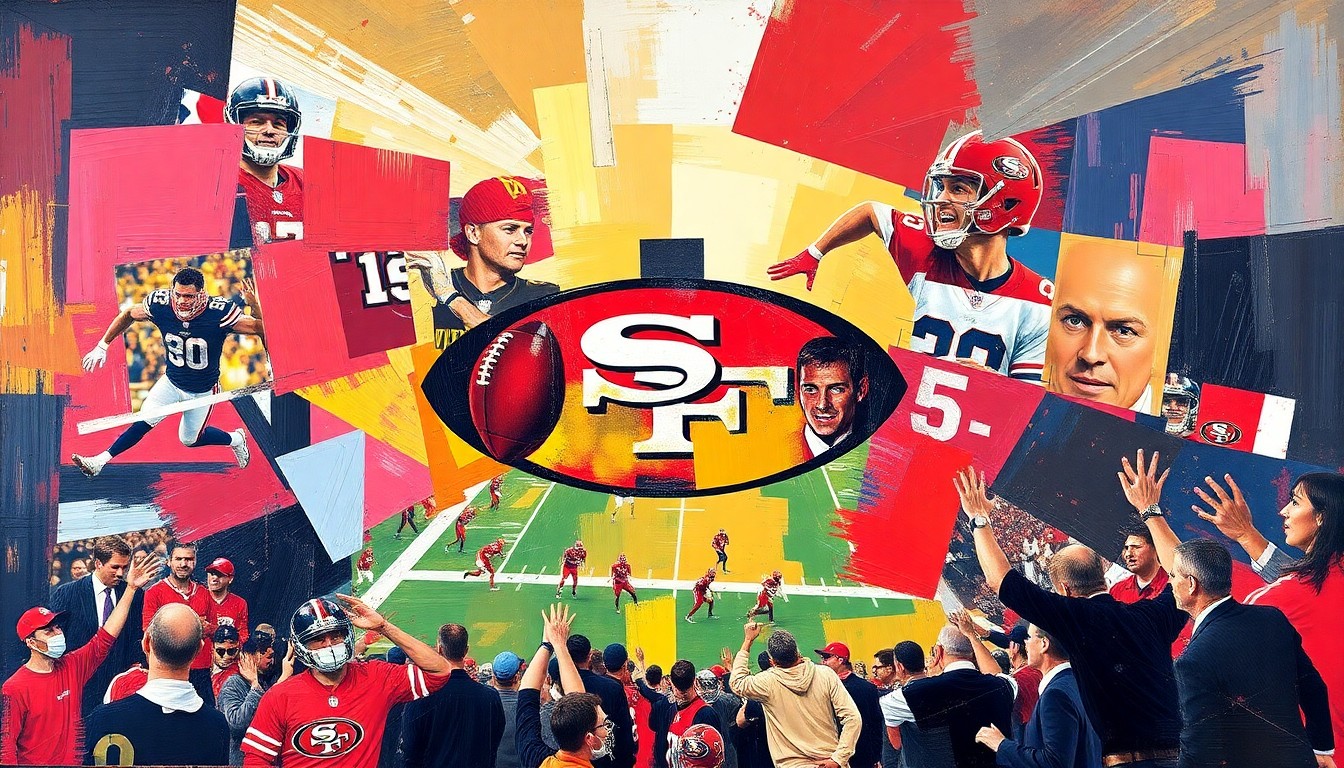 A cubist-style painting featuring fragmented, overlapping geometric shapes in the 49ers' team colors of scarlet red, gold, and black, capturing the energy and drama of a playoff game.