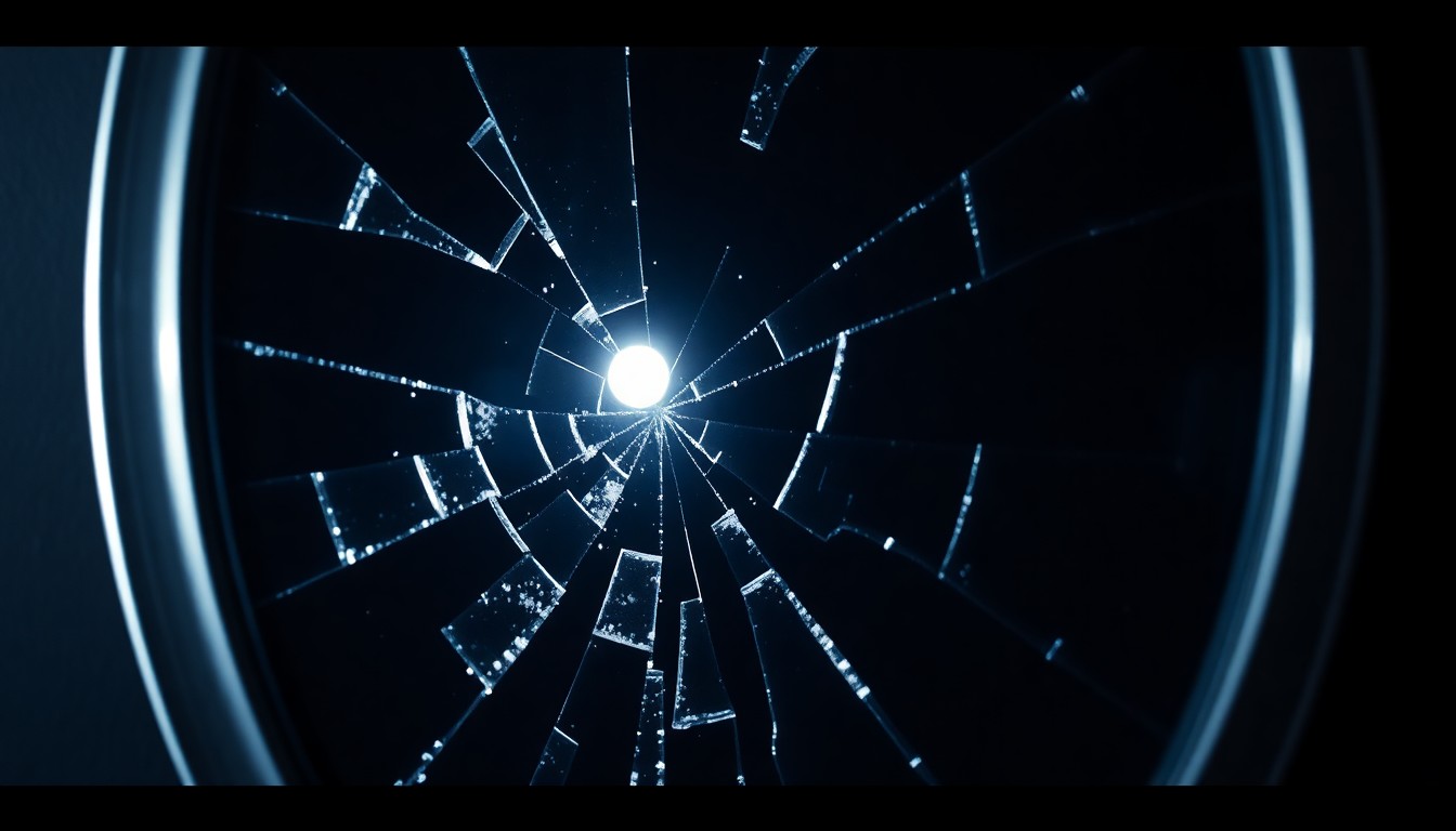 An extreme close-up of a shattered mirror reflecting a faint, glittering light, conceptually representing the emotional turmoil of a celebrity's personal life.