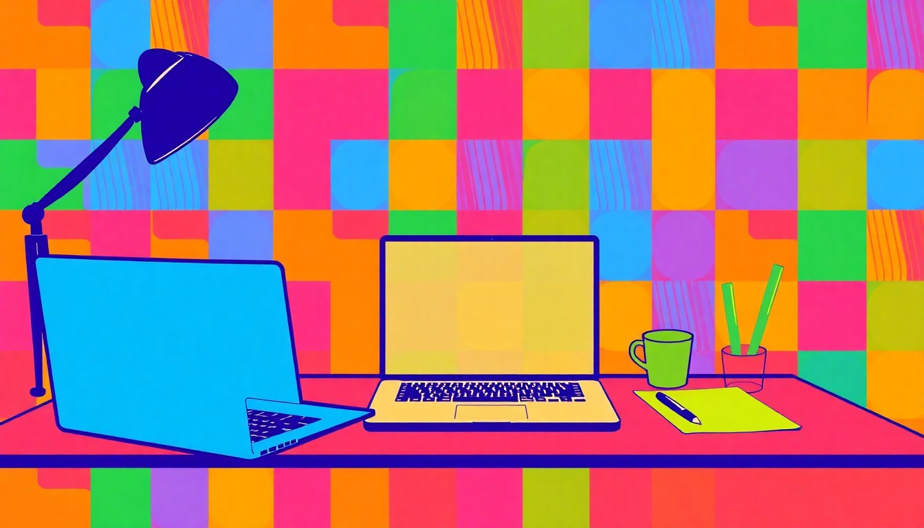 A brightly colored, high-contrast silkscreen print of a stylized office desk with a laptop, coffee mug, and pen repeated in a tight grid pattern, conceptually representing the need to find common ground in the workplace despite political differences.