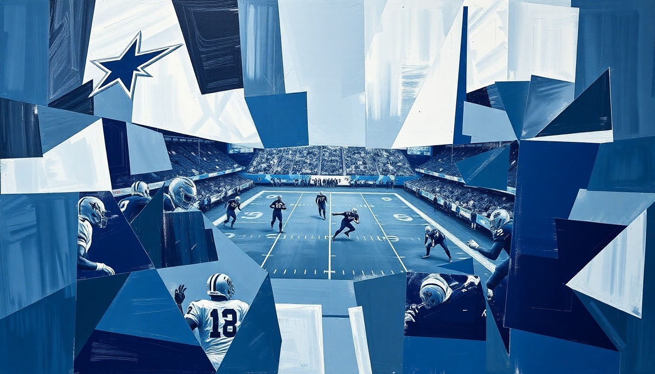 A fragmented, geometric painting depicting a Dallas Cowboys football game, with sharp planes of navy blue, silver, and white overlapping to create a fractured, multi-perspective visual representation of the team's on-field struggles.