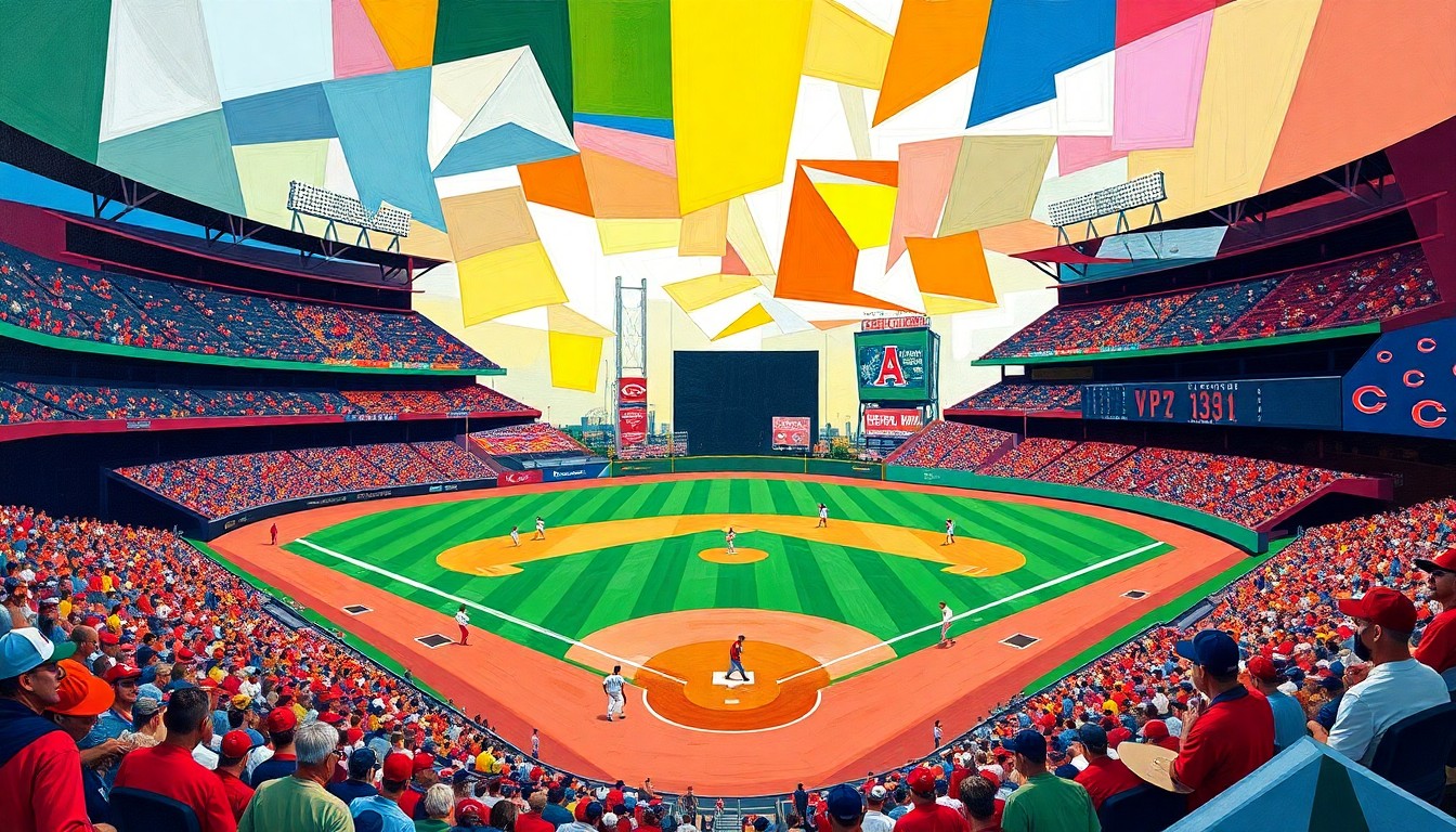 A cubist-style painting featuring overlapping geometric shapes and planes in the official team colors of the Oakland Athletics and Cincinnati Reds, representing the back-and-forth action of a high-scoring spring training baseball game between the two teams.