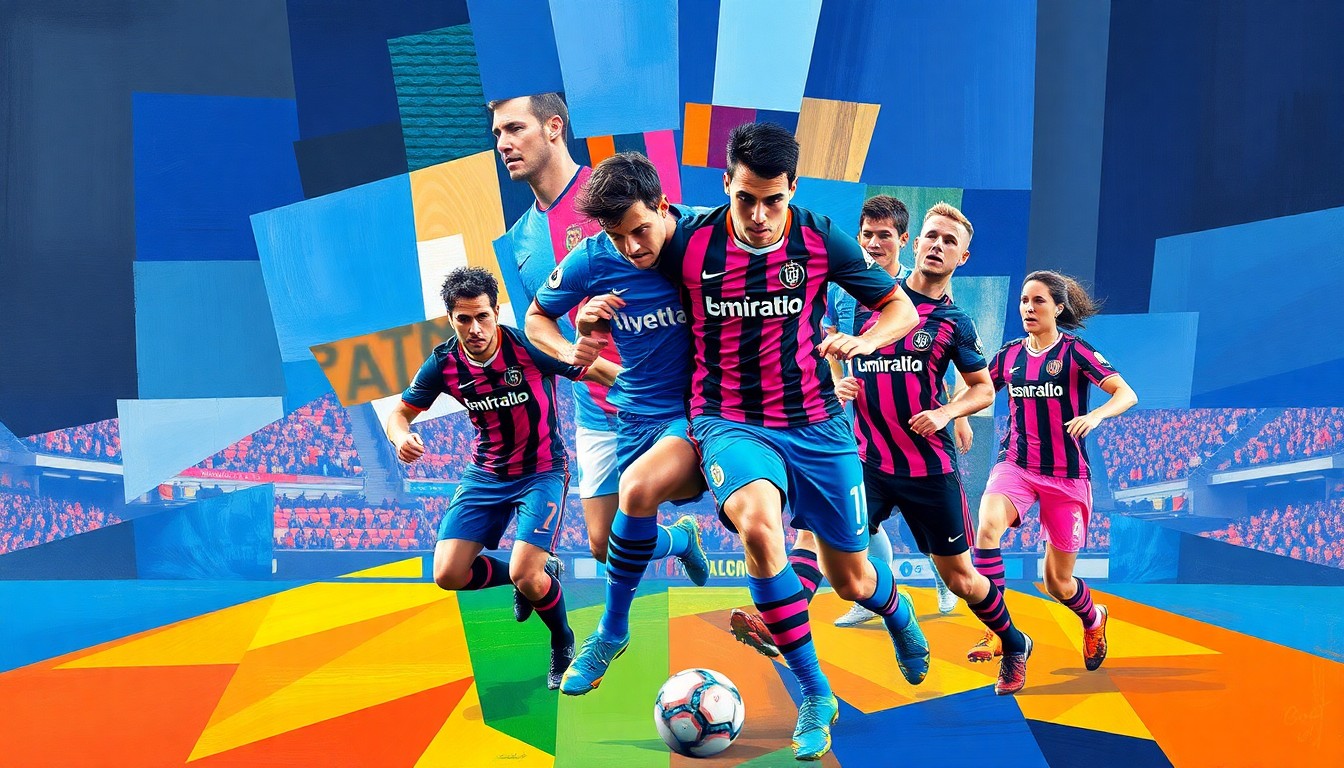 A cubist, geometric painting depicting a fractured, multi-perspective view of a football match between Napoli and Atalanta, with the players' uniforms represented in vibrant blue, black, and pink shapes.