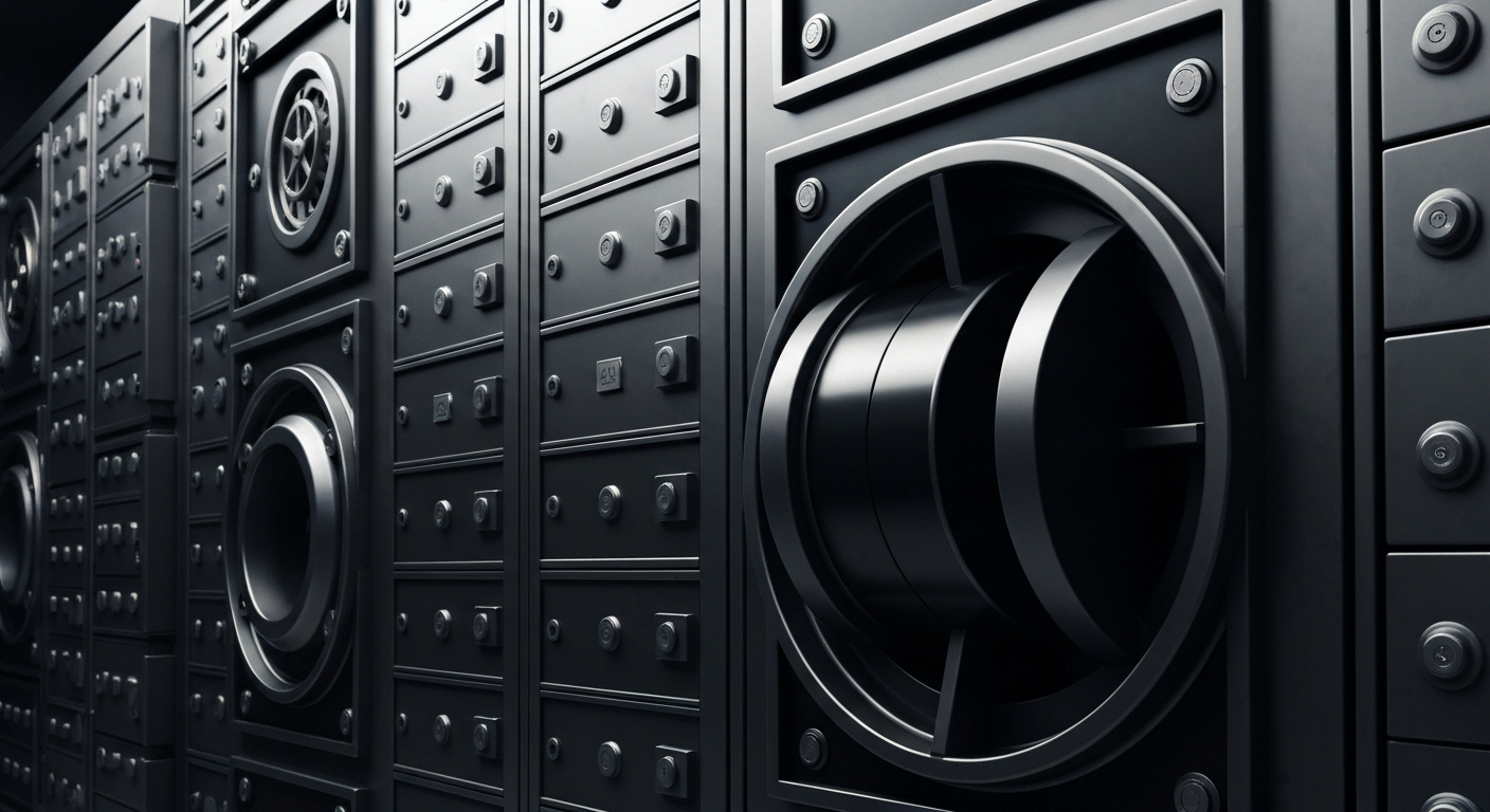 A cinematic close-up of heavy, tangible banking mechanics and objects in muted industrial tones, representing the financial security and institutional strength of Bank7 as a regional banking leader.