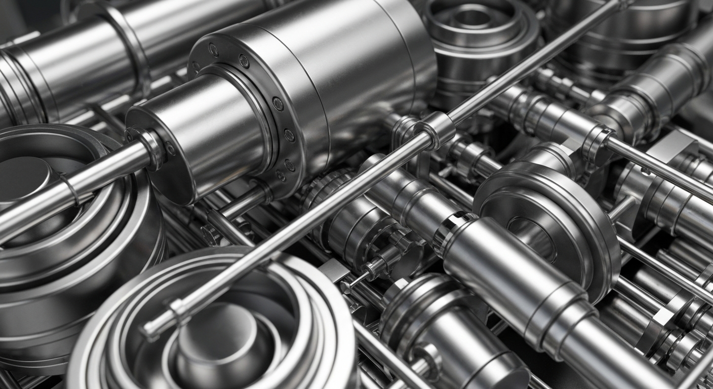 An extreme close-up of complex, metallic biotech machinery and instruments in shades of silver, steel, and chrome, conceptually representing the intricate financial and technological infrastructure underlying the biotech industry.