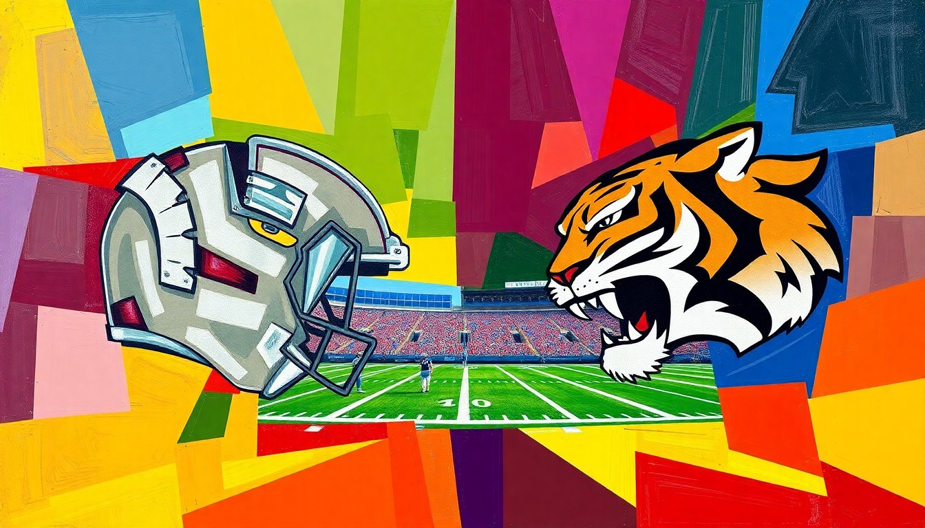 A fragmented, cubist-inspired painting depicting overlapping shapes and planes of color, representing the tactical and emotional elements of a college football coaching change.