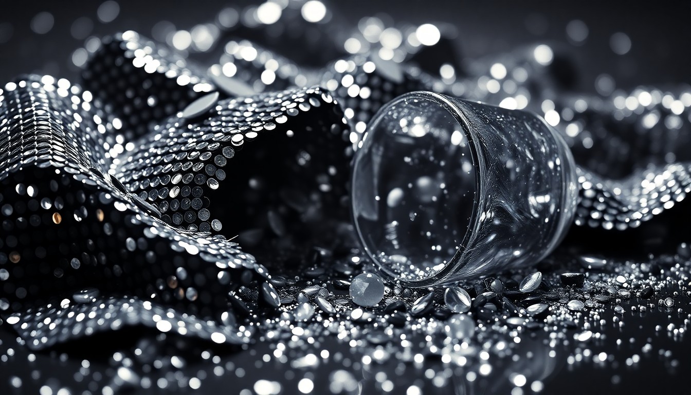 An extreme close-up photograph of shimmering sequins and shattered glass, capturing the glamour and high-stakes competition of the entertainment industry.