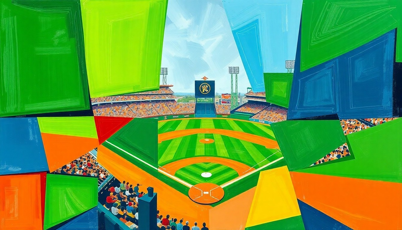 A cubist, geometric painting depicting the dynamic action of a baseball game, with overlapping planes of color representing the players, field, and crowd.
