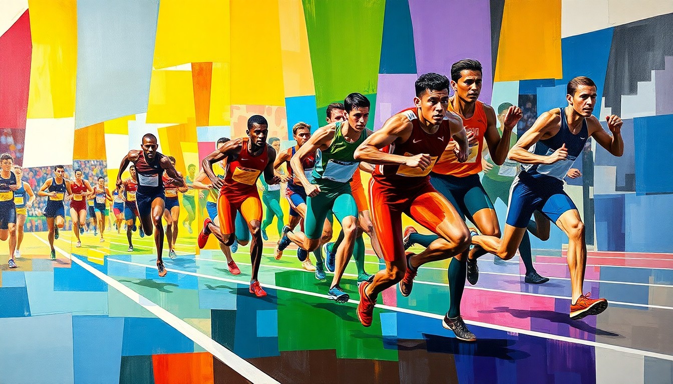 A fragmented, abstract painting depicting track and field athletes in motion, with sharp, overlapping geometric shapes and planes in a vibrant color palette, conveying the dynamic energy of the sport.