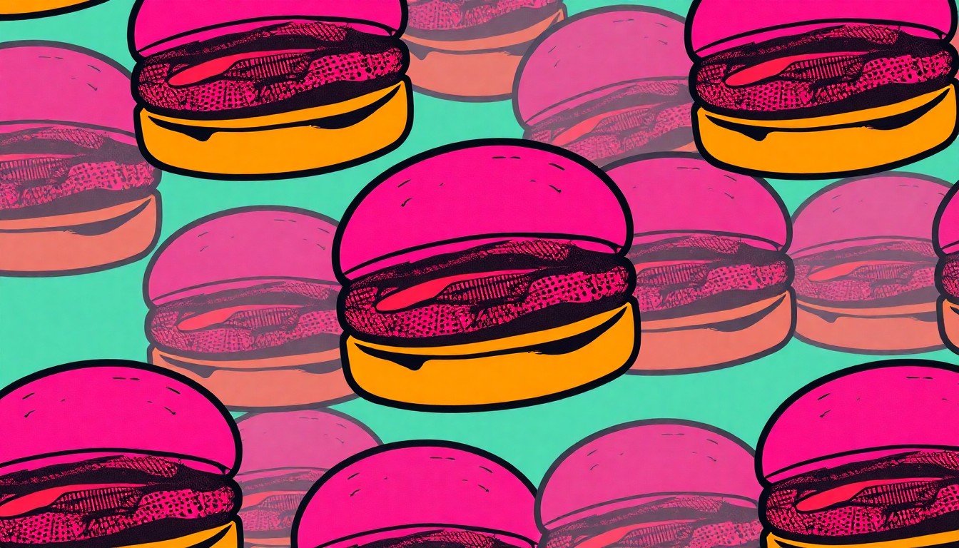 A bold, colorful silkscreen-style illustration featuring a repeated image of a juicy burger patty, conceptually representing the iconic status of Talley's Log Cabin's celebrated menu item.