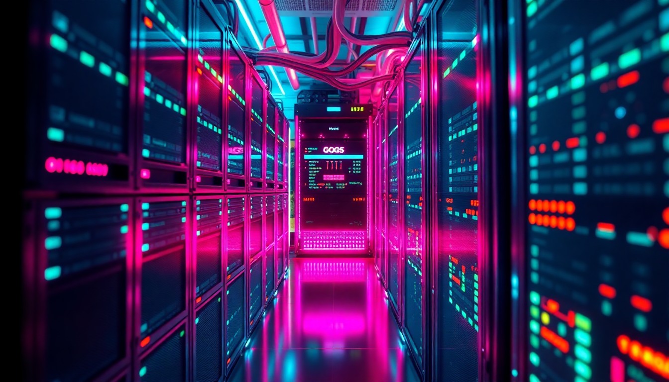 A highly detailed, 3D macro illustration of a Gogs server infrastructure, with various hardware components like servers, cables, and storage devices illuminated by vibrant neon cyan and magenta lights, conceptually representing the vulnerability and compromise of this self-hosted Git service.