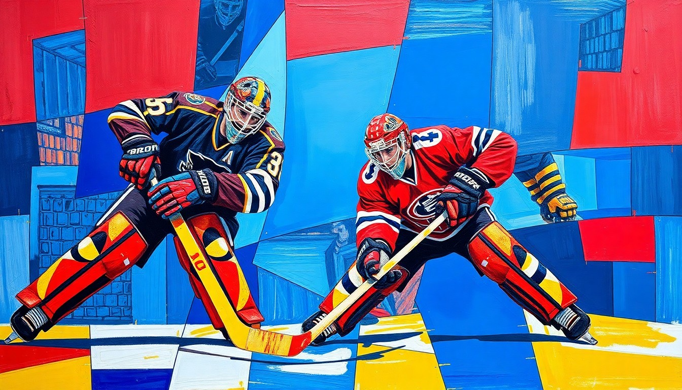 A fragmented, geometric painting depicting hockey goaltenders in action, with sharp, overlapping planes of vibrant blue, red, and yellow colors, capturing the chaotic and unpredictable nature of the Vezina Trophy race.