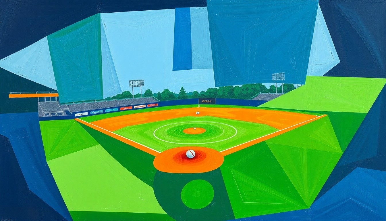 A cubist-style painting featuring overlapping geometric shapes in navy, green, and orange, conceptually representing the dynamic action and energy of a high-stakes college softball game.
