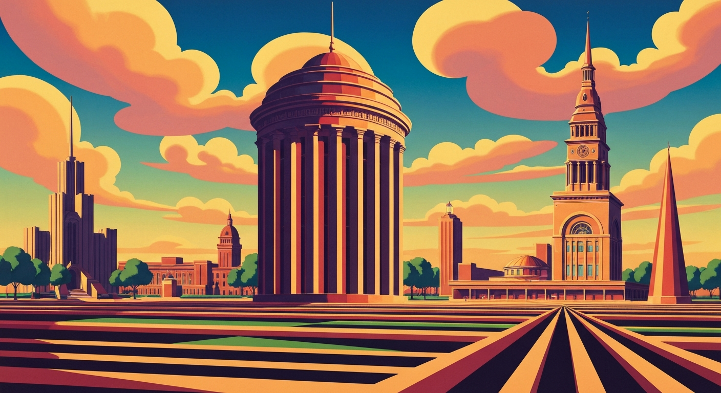 A highly stylized, geometric illustration in the Art Deco Monumentalist style, featuring sweeping, smooth gradients in earthy tones and bold, streamlined forms that evoke the grand scale and romance of travel in Iowa.