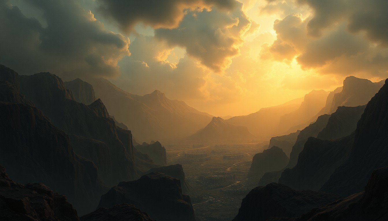 A sweeping, atmospheric landscape painting depicting the overwhelming power of a major earthquake, with physical structures and landmarks dwarfed by the sheer scale and intensity of the natural forces at play.