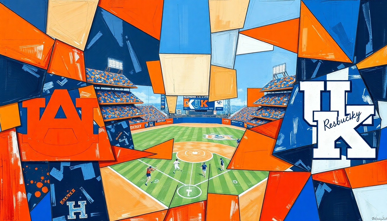 A cubist, geometric painting depicting an intense baseball game, with overlapping planes of orange, blue, and white representing the dynamic action on the field.