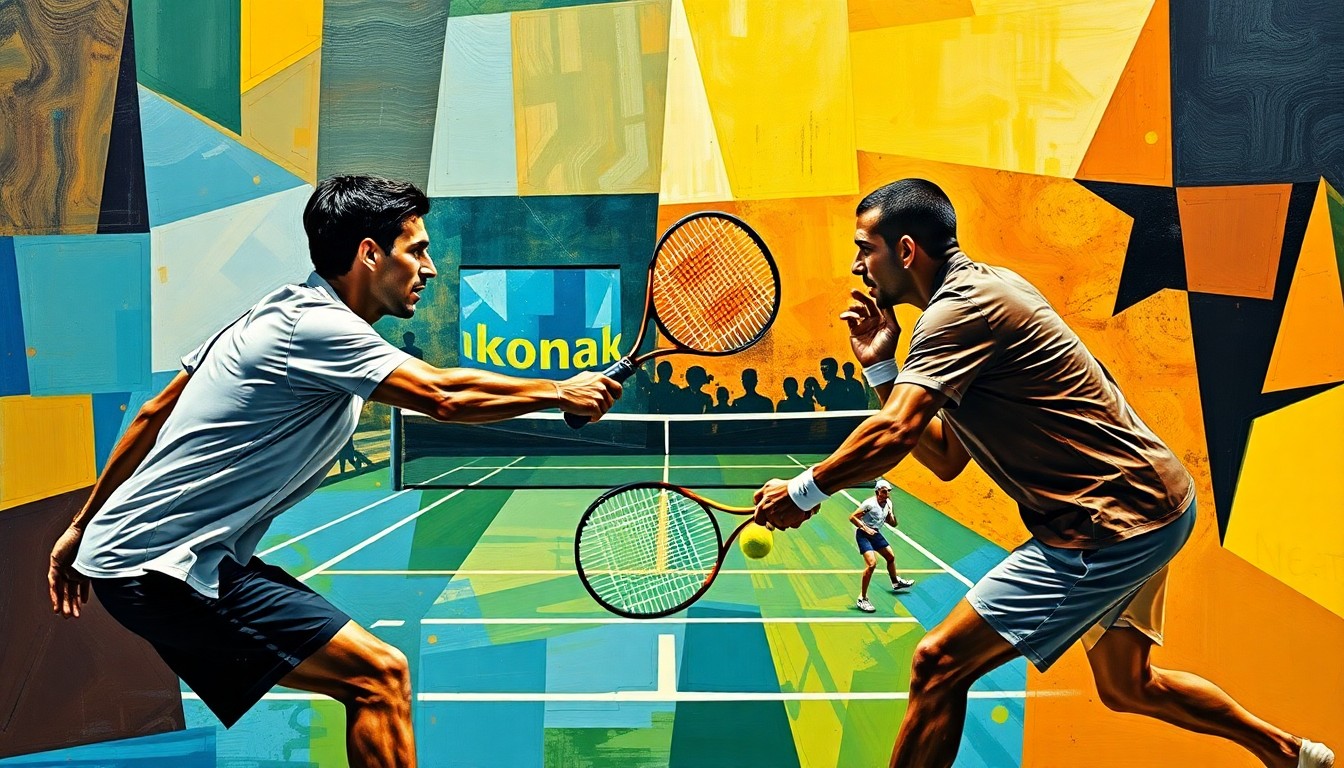 A cubist-inspired painting depicting a tennis match between Novak Djokovic and Carlos Alcaraz, with their forms broken down into overlapping geometric shapes and planes, capturing the intensity and physicality of the competition.