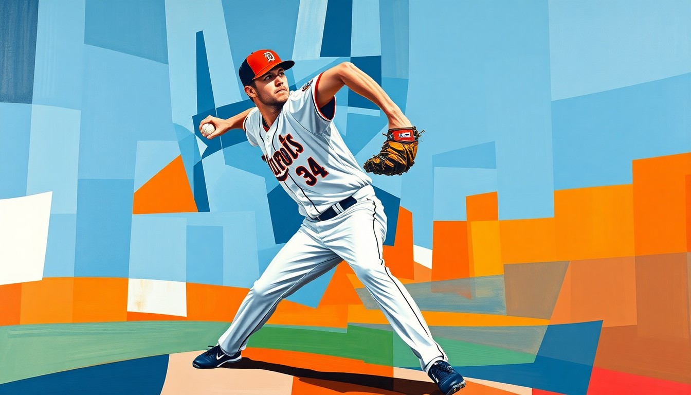 A cubist-style painting depicting a baseball pitcher's motion broken down into sharp, overlapping geometric shapes in the colors of the Detroit Tigers' team palette.