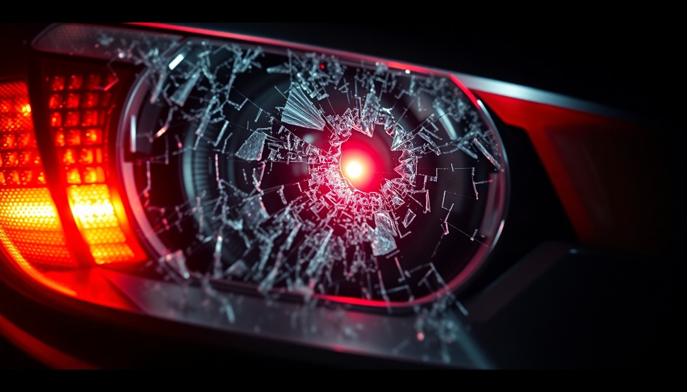 An extreme close-up of a shattered car sensor lens reflecting a faint red light, conceptually illustrating the vandalism of self-driving cars.
