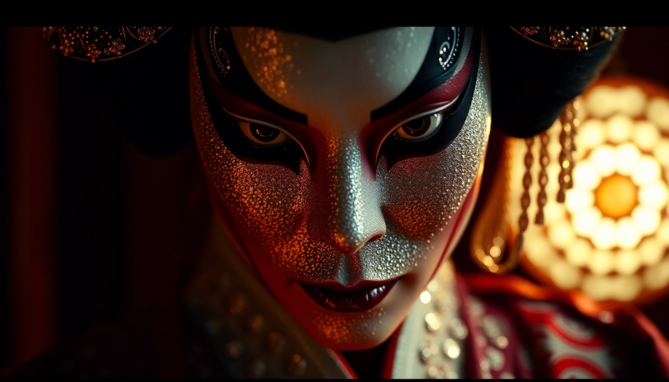 An abstract close-up image showcasing the intricate textures and dramatic lighting of Kabuki theater makeup and costumes, conveying the opulent visual style of the film 'Kokuho'.