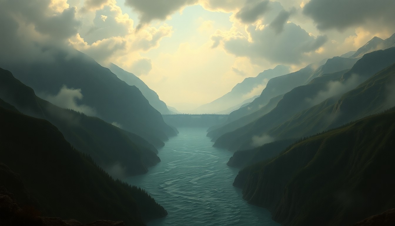 A vast, atmospheric landscape painting depicting a flooded river valley, with the silhouette of a dam structure barely visible in the distance, dwarfed by the expansive, turbulent waters. The scene conveys the overwhelming, sublime scale of the natural world in the face of a potential disaster.