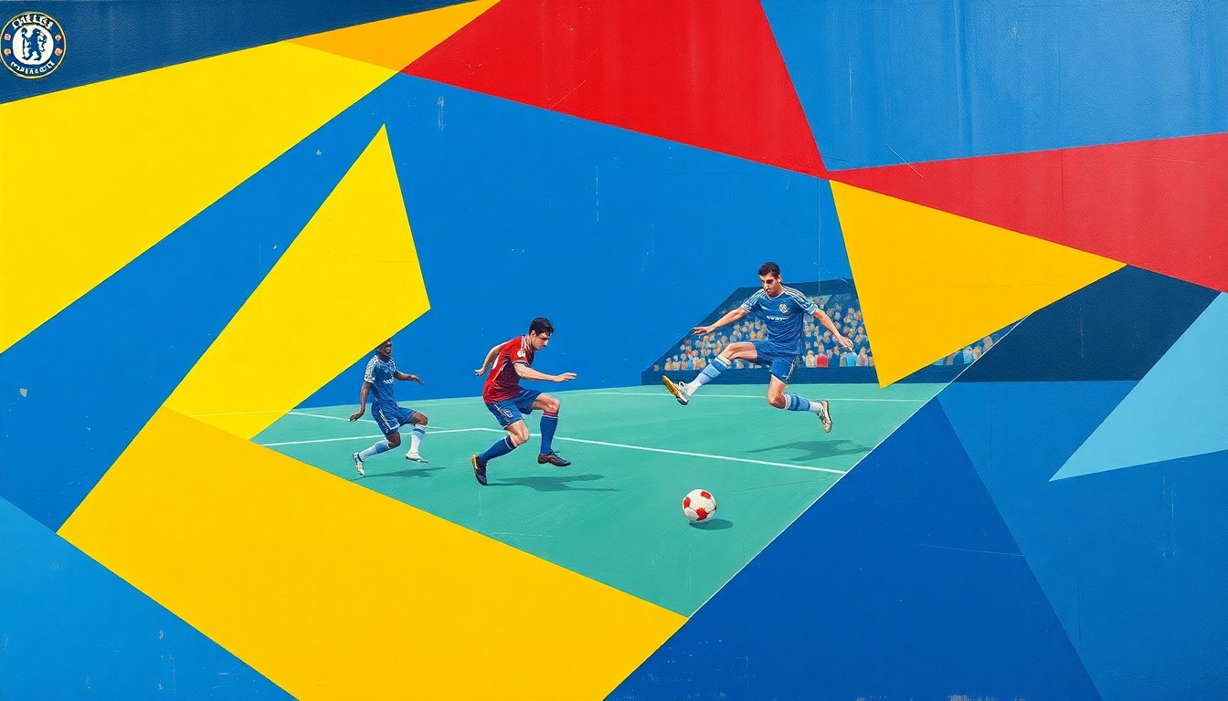 A fractured, multi-perspective painting depicting a soccer match between Chelsea and Port Vale, with the players' movements and the ball's trajectory represented through angular, abstracted forms in a vibrant color palette of blue, red, and yellow.