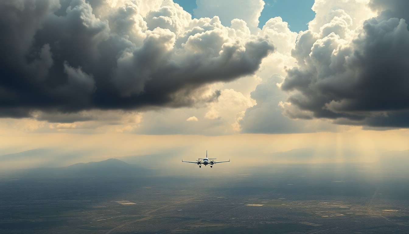 A sweeping, atmospheric landscape painting in muted tones, with a small private plane barely visible through heavy clouds and haze, dwarfed by the vast urban cityscape below.