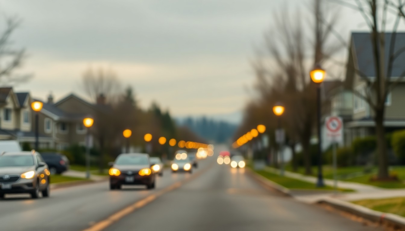 An extremely abstracted, out-of-focus photograph of a residential street in Eugene, Oregon, with cars driving by and streetlights creating warm, glowing pools of light in a muted, earthy color palette, conceptually representing the peaceful atmosphere the city aims to create with a lower speed limit.