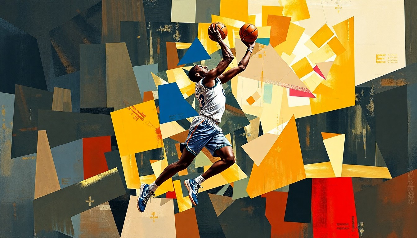A cubist-style painting depicting a basketball player's movements and actions broken down into sharp, overlapping geometric shapes and planes, conceptually representing the complex issues surrounding Ja Morant's injury and off-court incidents.