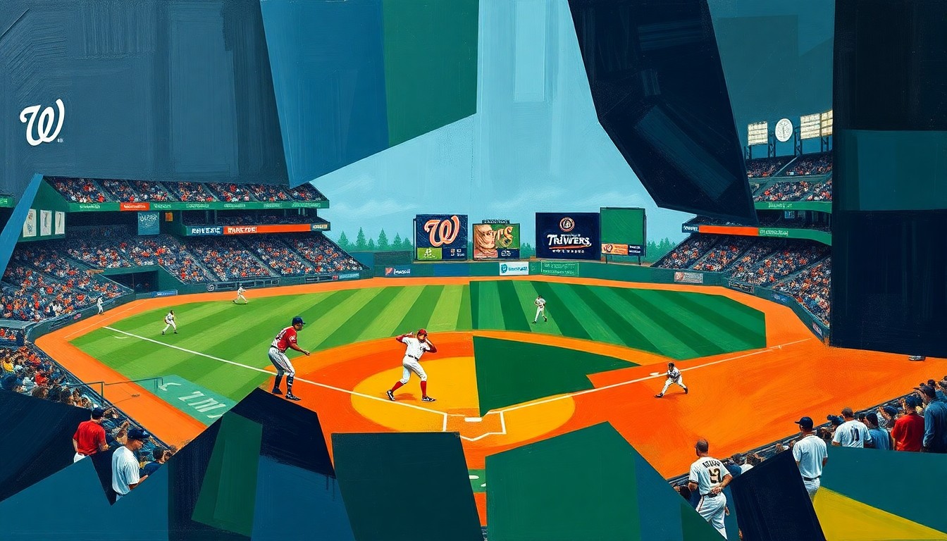 A cubist, geometric painting depicting a baseball game between the Washington Nationals and Milwaukee Brewers, with the players and field of play broken down into sharp, overlapping planes of navy blue, forest green, and burnt orange.