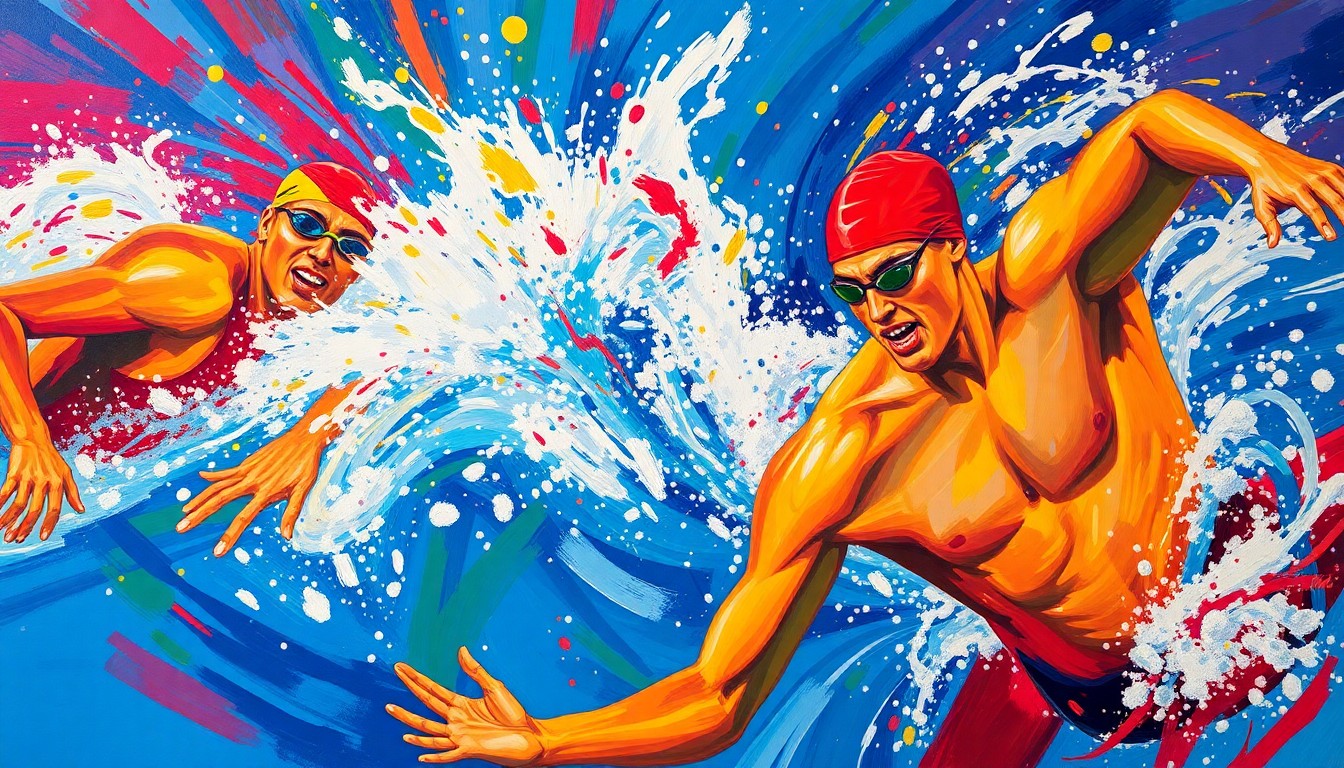 An abstract, expressionist painting in neon colors depicting the fluid, dynamic movements of competitive swimmers, conveying the raw energy and excitement of the Knecht Cup competition.