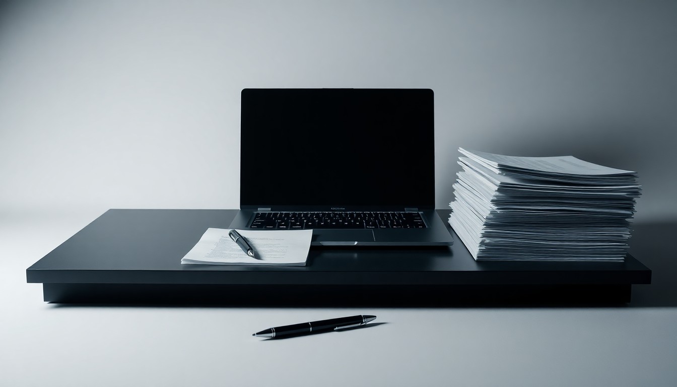 A high-end, photorealistic studio still-life photograph featuring a sleek, modern desk with a laptop, a stack of papers, and a single pen, all arranged elegantly on a clean, monochromatic seamless background. The objects represent the changing dynamics of the entertainment industry, with the laptop symbolizing the shift towards digital content and the stack of papers signifying the uncertainty and restructuring facing major studios.