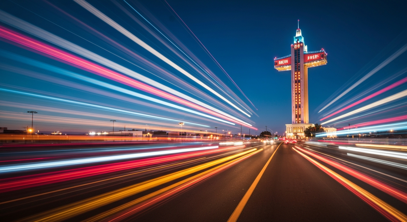 A blurred, abstract image of cars in motion along a road, with the restored Plymouth Chrysler Tower glowing in the background, conveying the energy and history of Route 66.