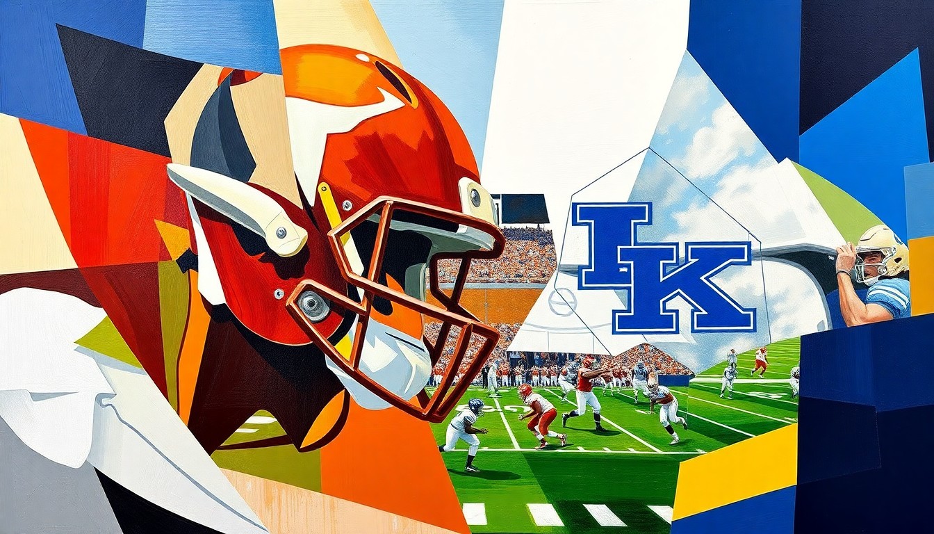 A fractured, cubist-style painting depicting a college football game or practice, with sharp geometric shapes and planes in the official colors of the Texas Longhorns and Kentucky Wildcats, conceptually representing the strategic move to bring in experienced coaching talent.