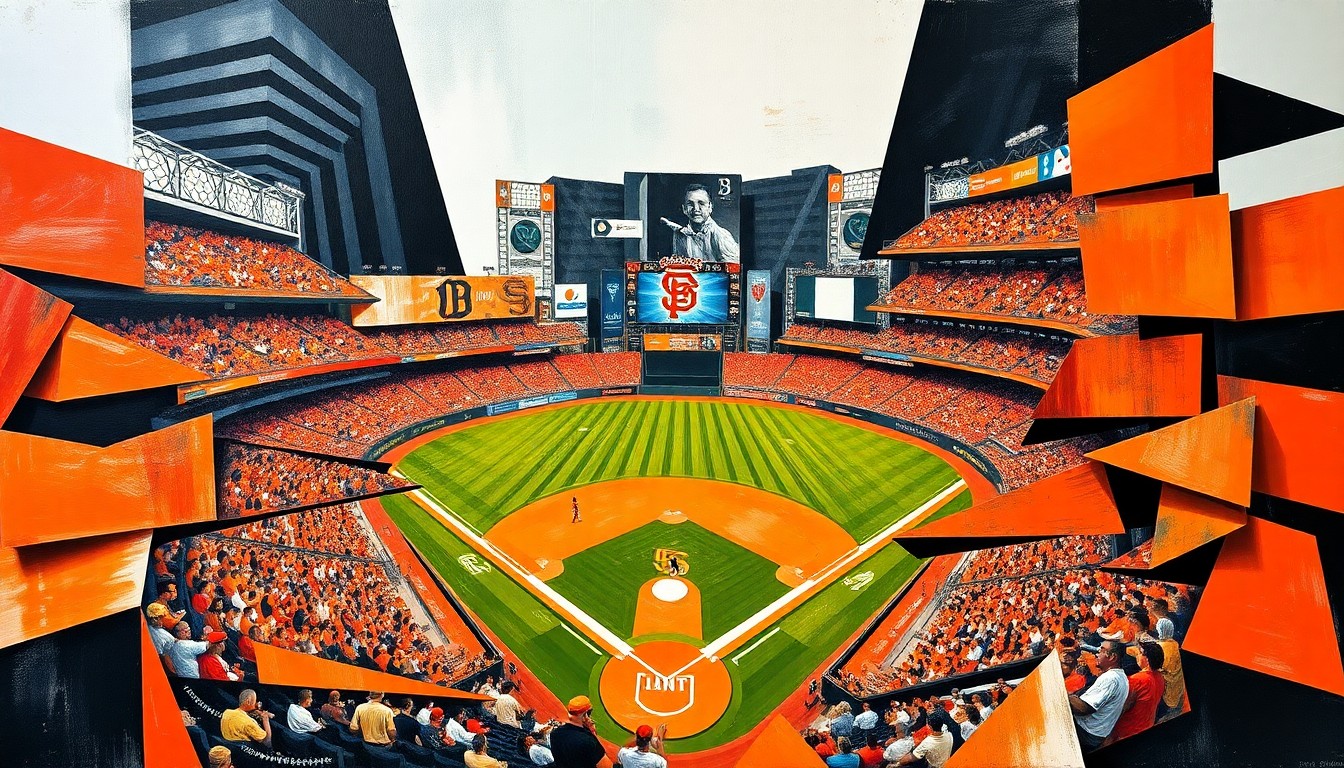 A fractured, cubist-style painting depicting a baseball game, with sharp geometric shapes and planes of orange, black, and white colors representing the dynamic action on the field.