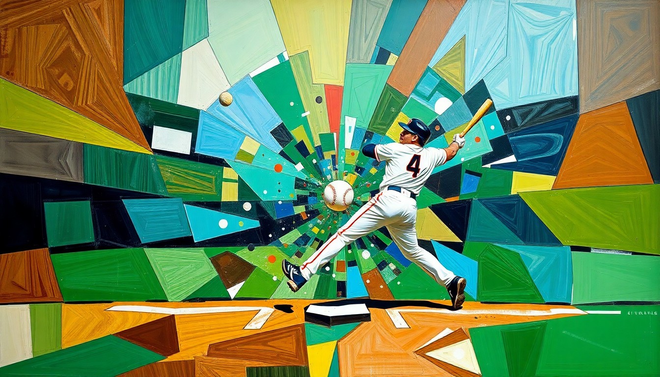 A fragmented, geometric painting depicting an intense baseball outfield collision, with sharp planes of color representing the chaotic movement and impact of the players.