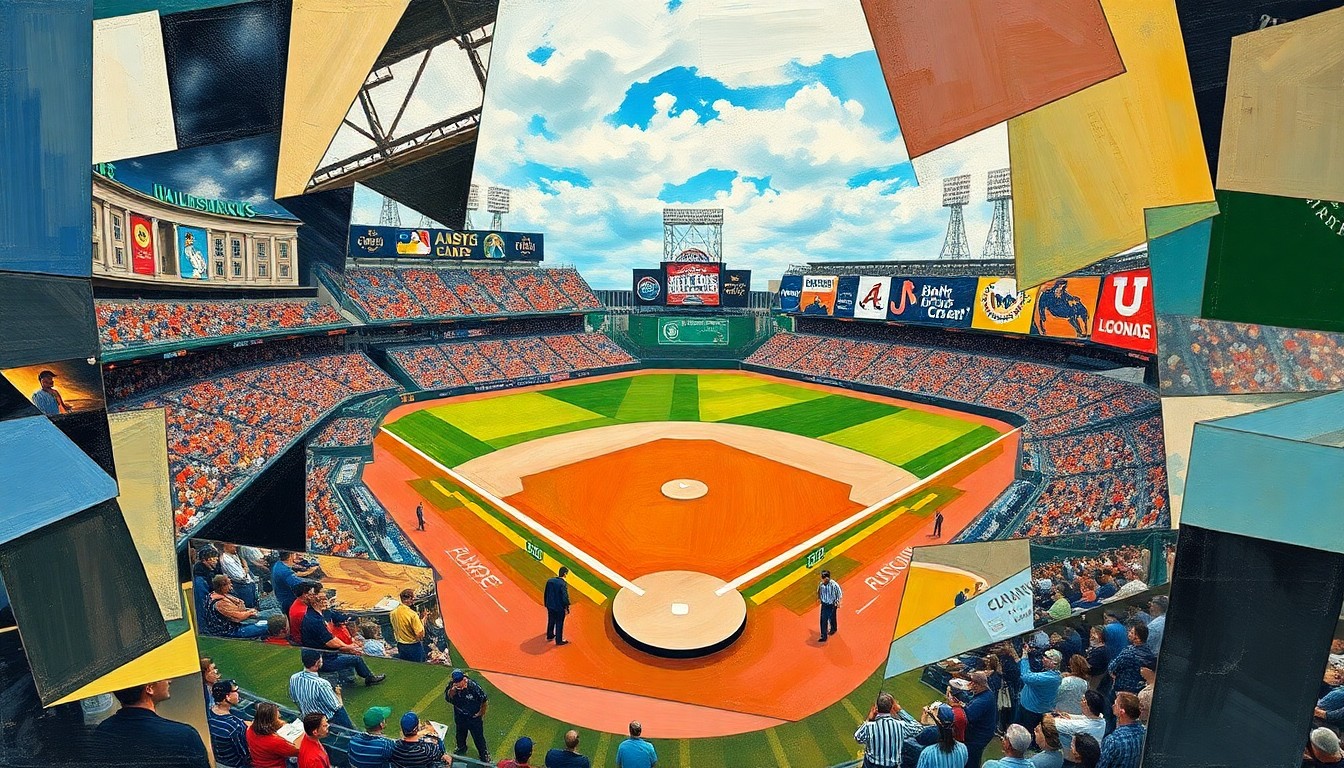 A fragmented, geometric painting depicting the dynamic action of a college baseball game, with players and the field broken down into overlapping planes of color and shape.