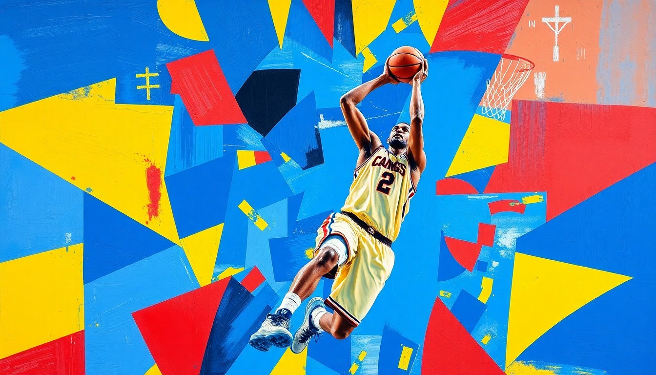 A cubist-style painting depicting a college basketball player in motion, with their figure broken down into sharp, overlapping geometric shapes in vibrant blue, yellow, and red hues, conveying the idea of a player's role and impact being deconstructed and reimagined within a team's evolving identity.