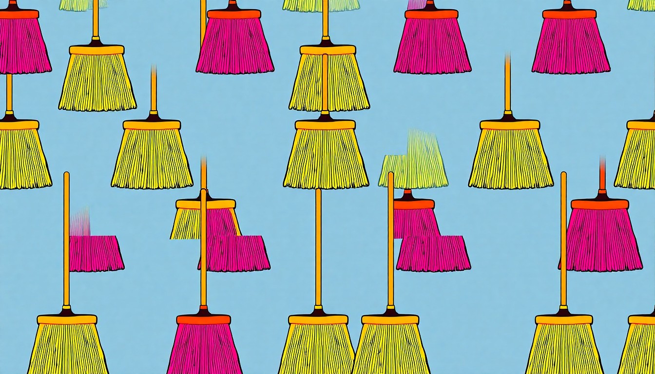 A bold, colorful silkscreen print featuring a single broom icon repeated in a grid pattern, capturing the essence of Rev. Wills' humble yet iconic status in the Omaha community.