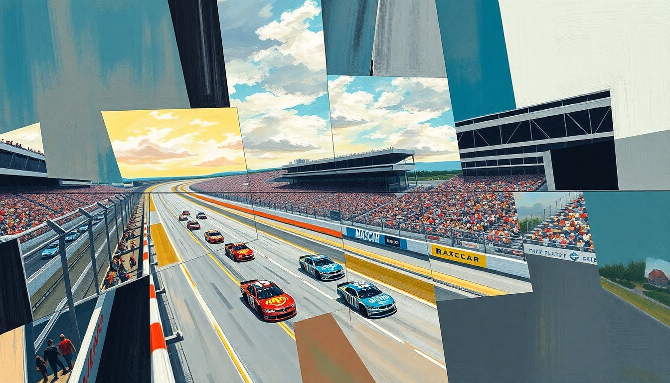 A cubist-style painting depicting a NASCAR race at Bristol Motor Speedway, with the cars and track broken down into sharp, overlapping geometric shapes and planes, conveying the intensity and chaos of short-track racing.