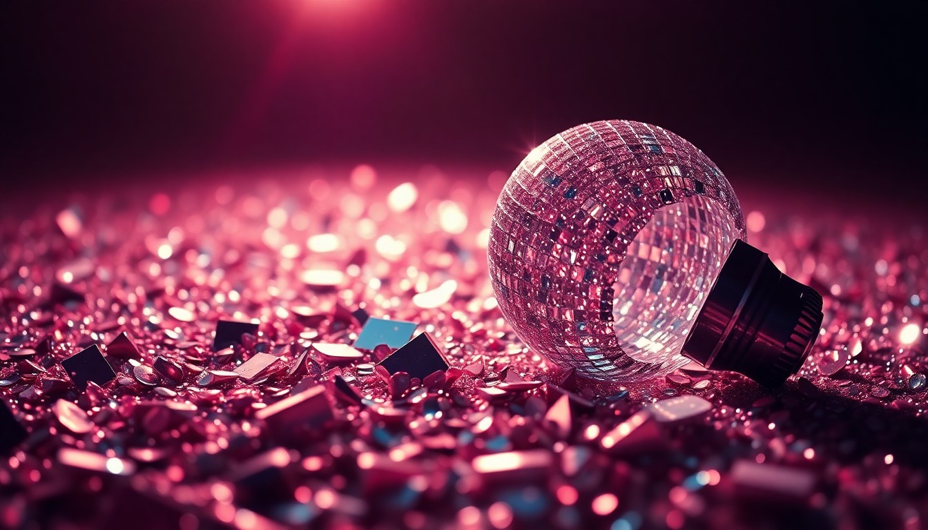 An abstract close-up image of shimmering sequins and shattered glass, capturing the intimate and emotional essence of a pop star's comeback performance.